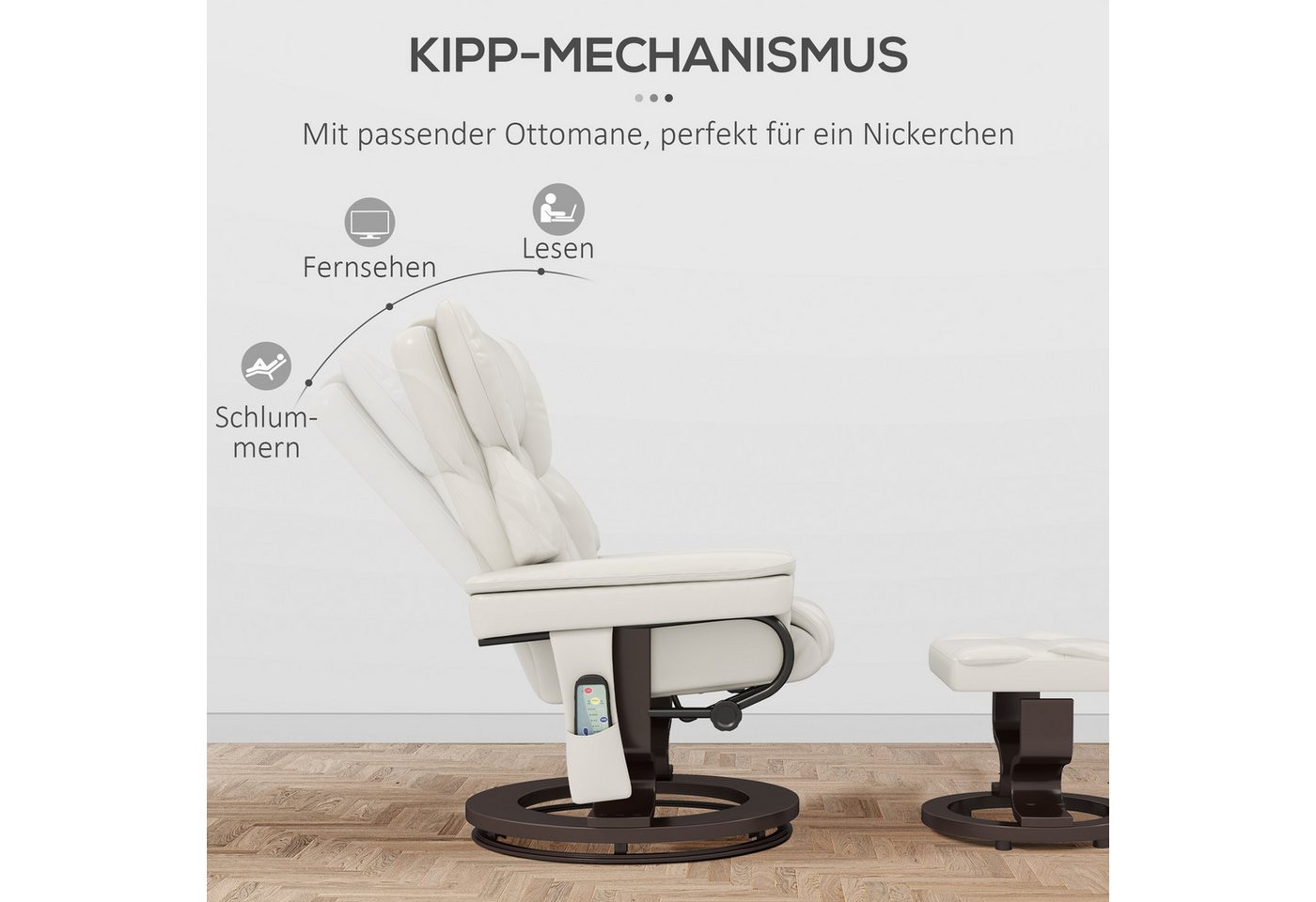 HOMCOM Massagesessel Fernsehsessel mit Hocker, 360°drehbarer, Massage, Kunstleder (Relaxsessel, 2-St., Fernsehsessel), mit Fernbedienung, Seitentasche, für Wohn – Bild 5 von 5
