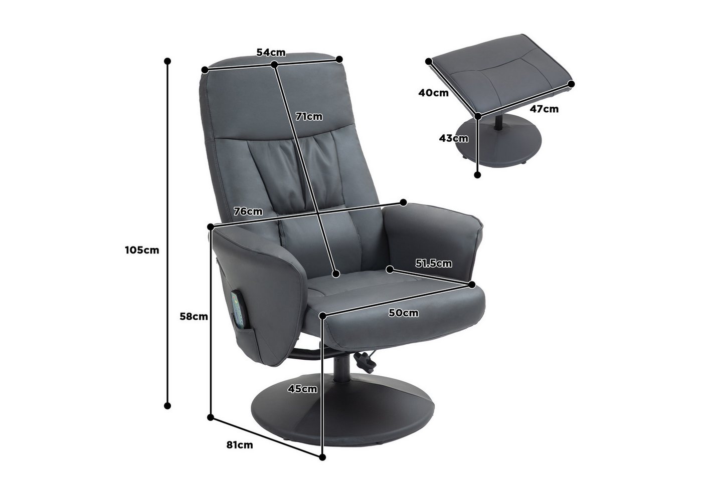 HOMCOM Massagesessel Hocker, drehbarer Fernsehsessel, Liegefunktion, Fernbedienung (Relaxsessel, 2-St., Fernsehsessel), mit Seitentasche, Fernbedienung, Kunstle – Bild 3 von 5