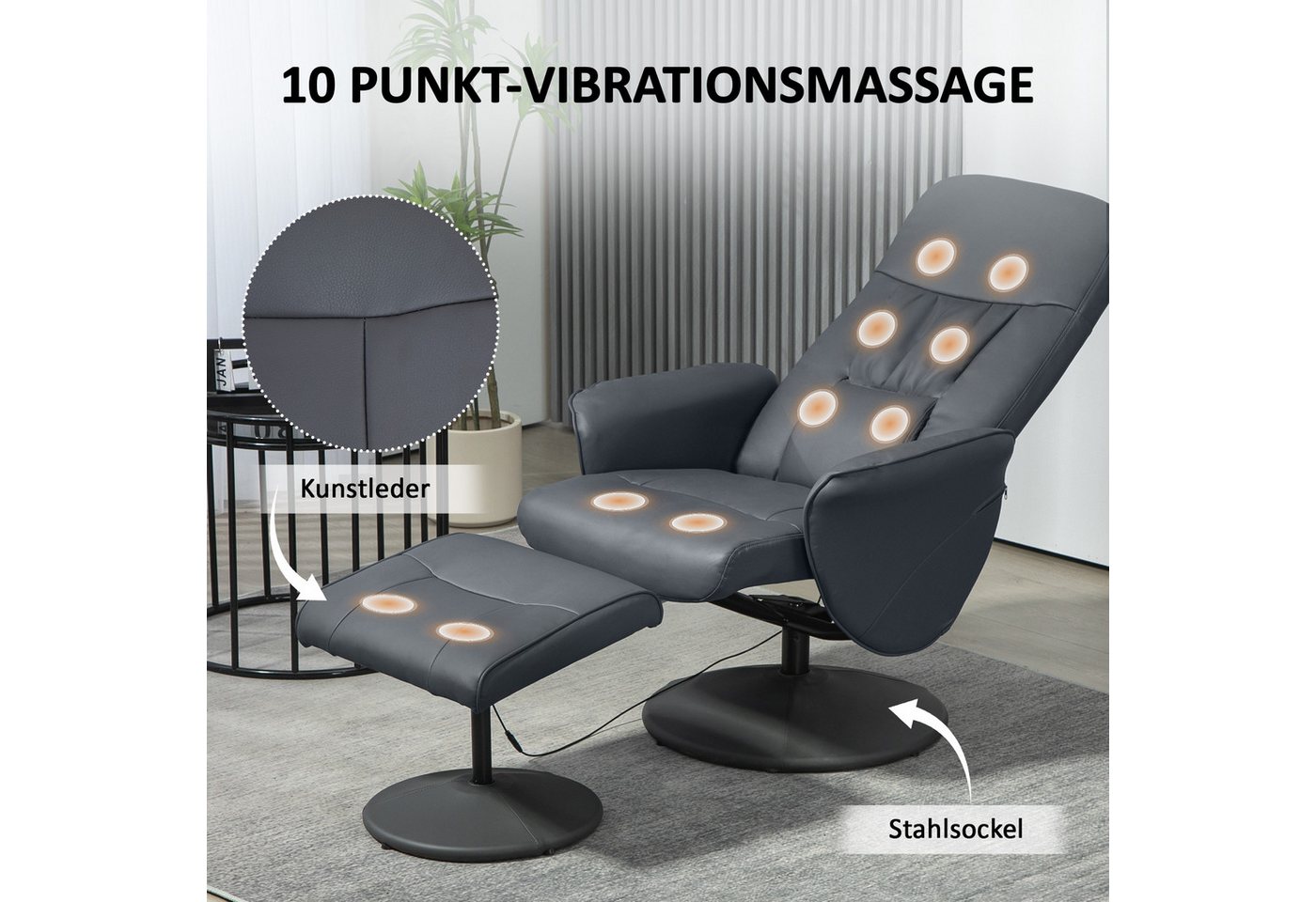 HOMCOM Massagesessel Hocker, drehbarer Fernsehsessel, Liegefunktion, Fernbedienung (Relaxsessel, 2-St., Fernsehsessel), mit Seitentasche, Fernbedienung, Kunstle – Bild 4 von 5
