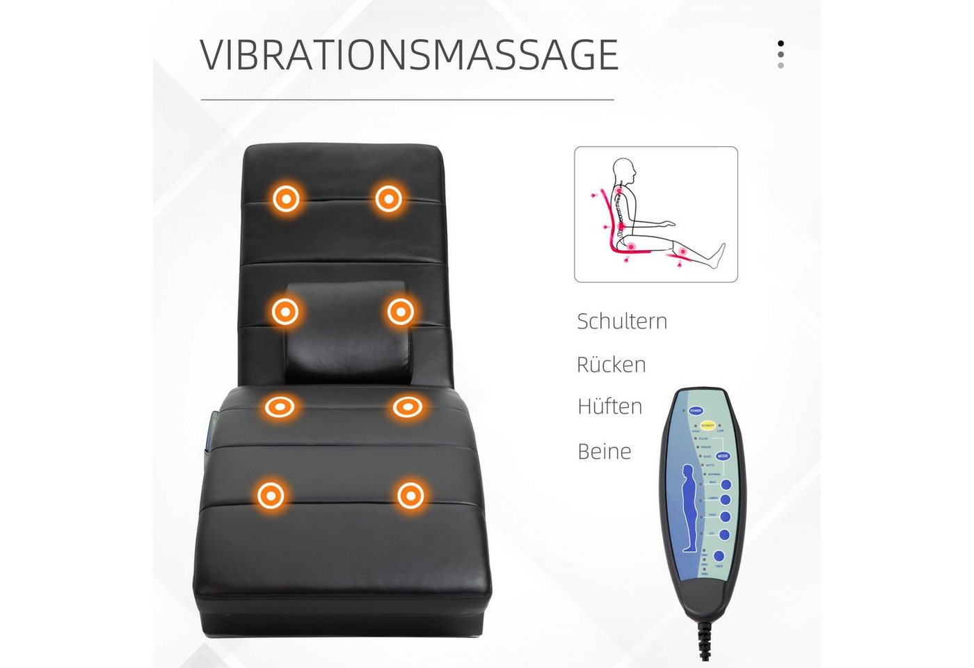 HOMCOM Massagesessel Relaxliege Relaxsessel mit Liegefunktion 8 Massagepunkten (Liegesessel, 1-St., Lounge Sessel), Schwarz 58 x 163 x 87 cm – Bild 5 von 5