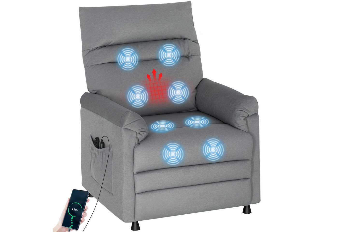 HOMCOM Massagesessel Relaxsessel, Heizung, TV-Sessel, Kratzfeste Samtoptik, Grau (Fernsehsessel mit Liegefunktion, 1-St., TV Sessel), Leise, stufenlos elektrisc – Bild 2 von 5