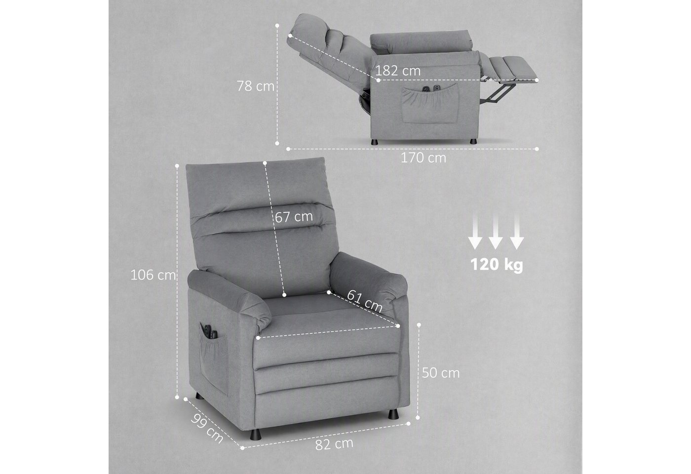 HOMCOM Massagesessel Relaxsessel, Heizung, TV-Sessel, Kratzfeste Samtoptik, Grau (Fernsehsessel mit Liegefunktion, 1-St., TV Sessel), Leise, stufenlos elektrisc – Bild 3 von 5