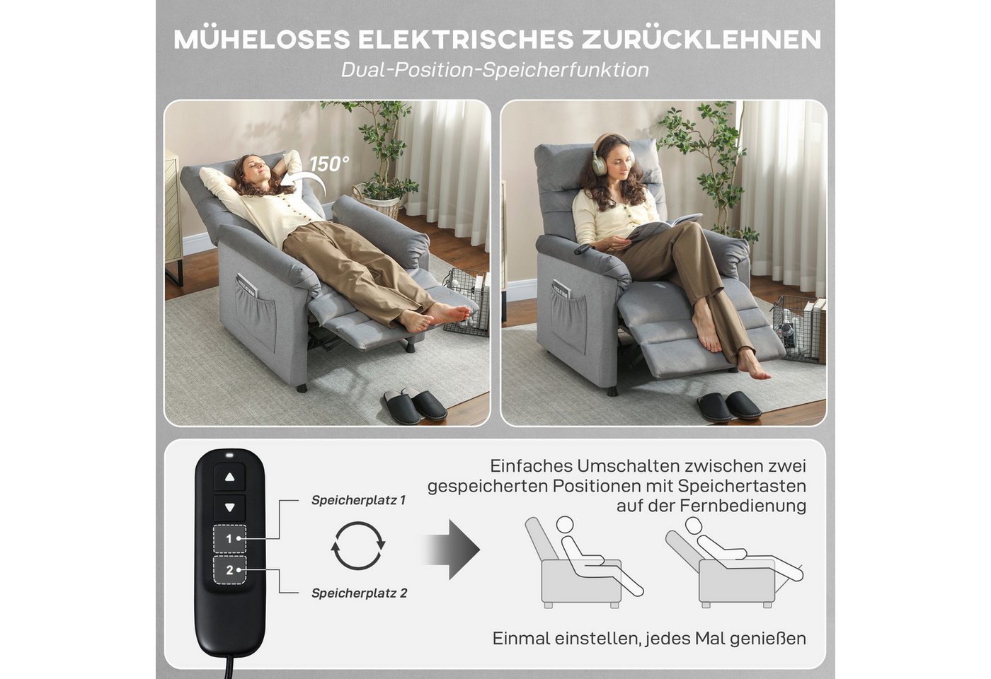 HOMCOM Massagesessel Relaxsessel, Heizung, TV-Sessel, Kratzfeste Samtoptik, Grau (Fernsehsessel mit Liegefunktion, 1-St., TV Sessel), Leise, stufenlos elektrisc – Bild 5 von 5