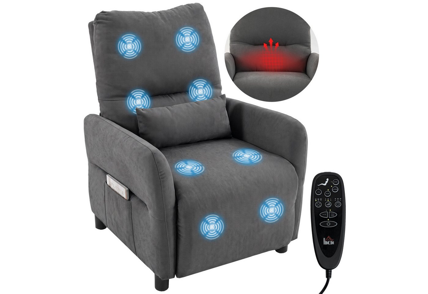 HOMCOM Massagesessel Relaxsessel Fernsehsessel mit Liegefunktion, 8-Punkt-Vibration (Set, 1-St., Relaxsessel), 8-Punkt-Massage, Lendenwärme, 135° Liege – Bild 2 von 5