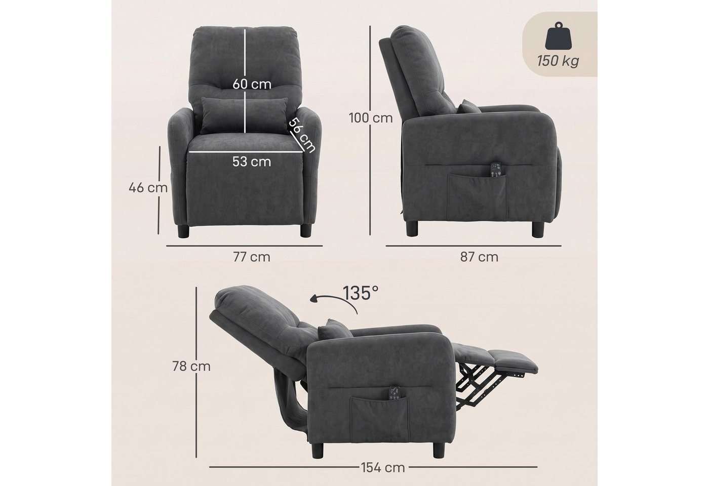 HOMCOM Massagesessel Relaxsessel Fernsehsessel mit Liegefunktion, 8-Punkt-Vibration (Set, 1-St., Relaxsessel), 8-Punkt-Massage, Lendenwärme, 135° Liege – Bild 3 von 5