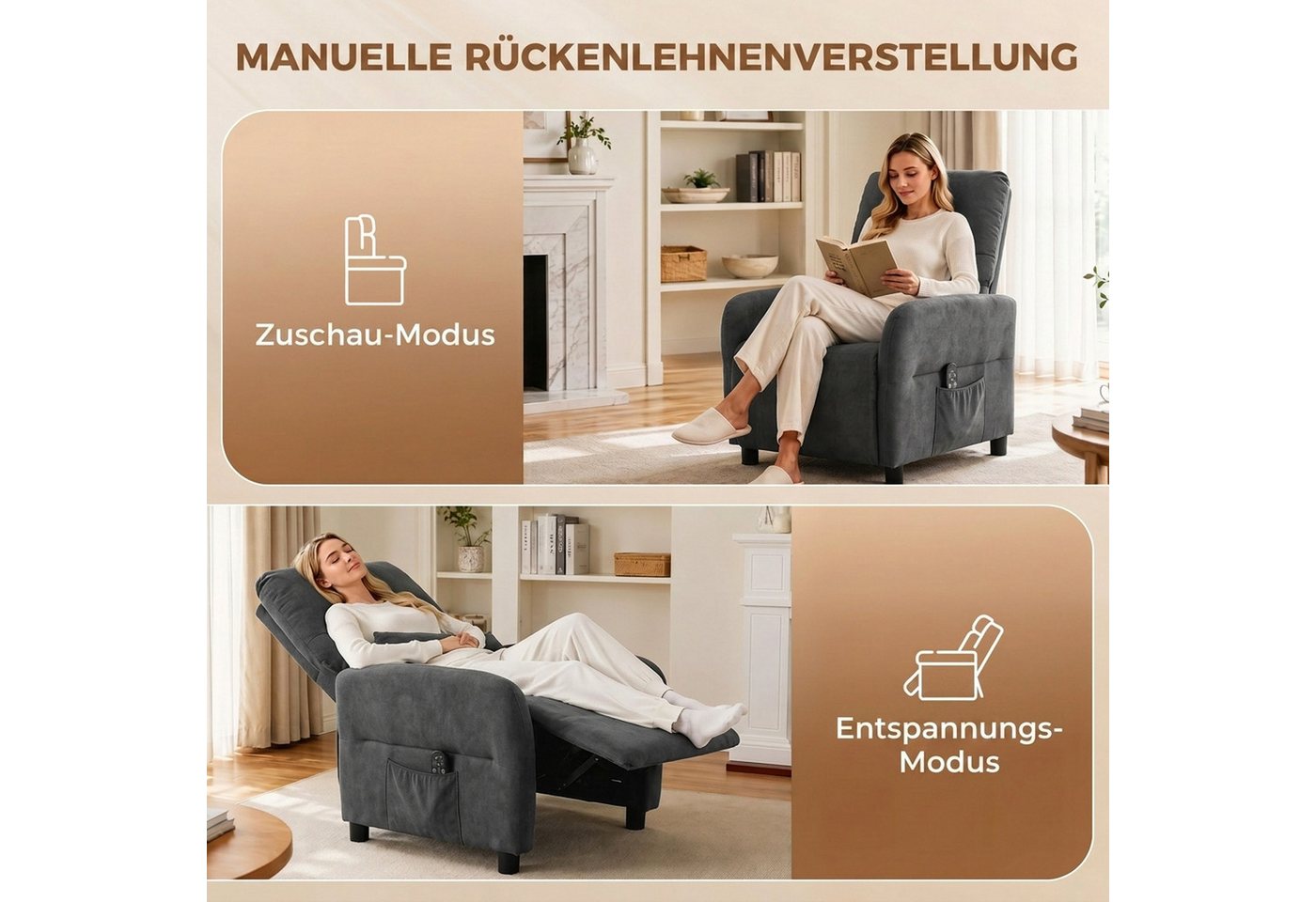 HOMCOM Massagesessel Relaxsessel Fernsehsessel mit Liegefunktion, 8-Punkt-Vibration (Set, 1-St., Relaxsessel), 8-Punkt-Massage, Lendenwärme, 135° Liege – Bild 5 von 5