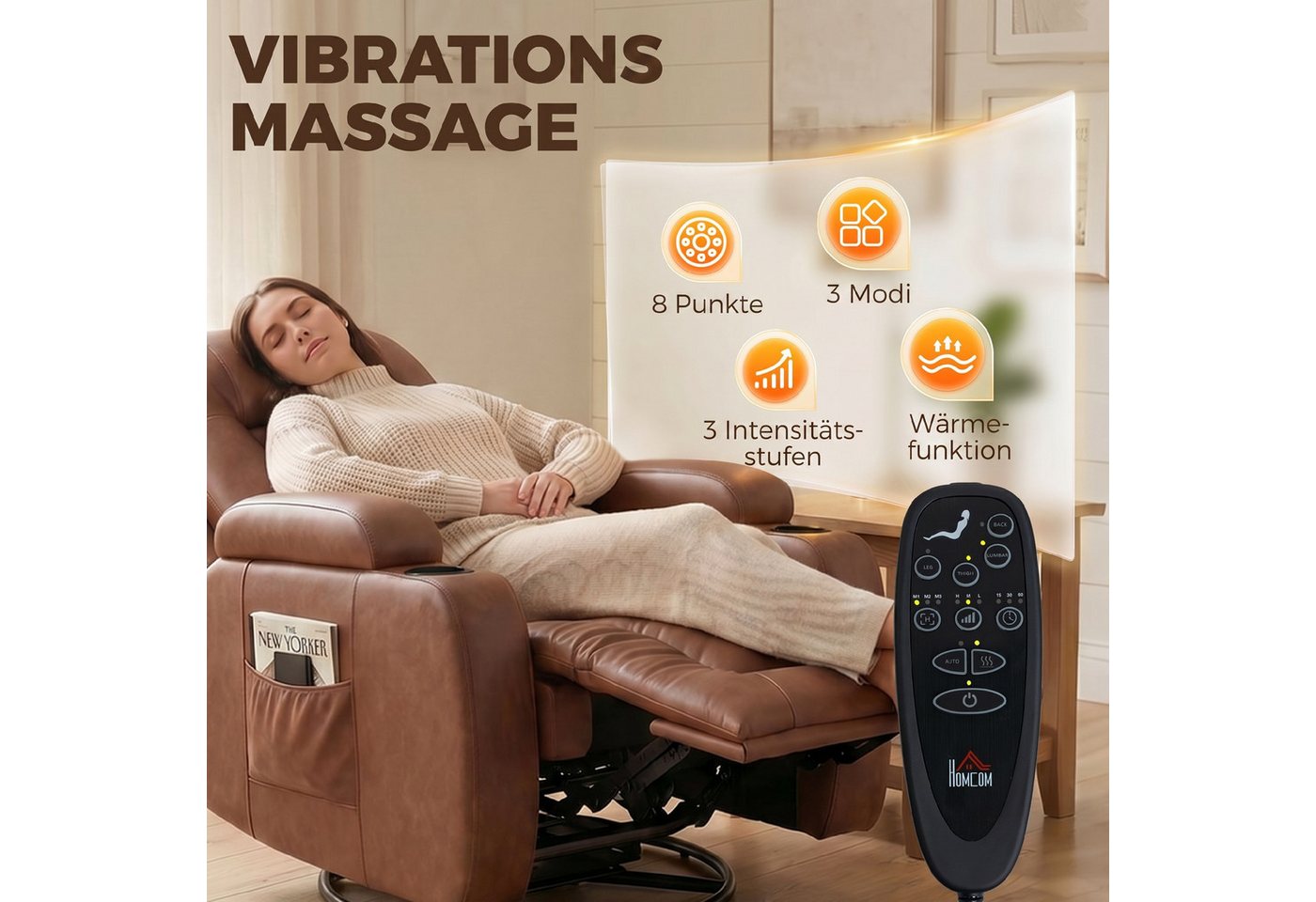 HOMCOM Massagesessel Relaxsessel Fernsehsessel mit Liegefunktion 8-Punkt-Massage mit Wärme (Set, 1-St., 1), drehbar, wippend – Bild 4 von 5