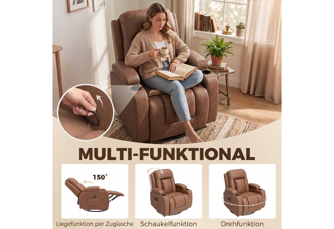 HOMCOM Massagesessel Relaxsessel Fernsehsessel mit Liegefunktion 8-Punkt-Massage mit Wärme (Set, 1-St., 1), drehbar, wippend – Bild 5 von 5