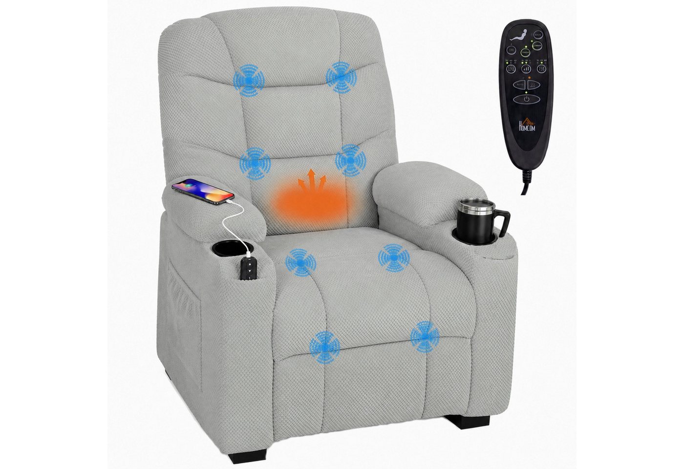 HOMCOM Massagesessel Relaxsessel Fernsehsessel mit Massage & Wärme (TV Sessel, 1-St., 1), mit Fernbedienung, USB-Anschluss, Becherhalter – Bild 2 von 5