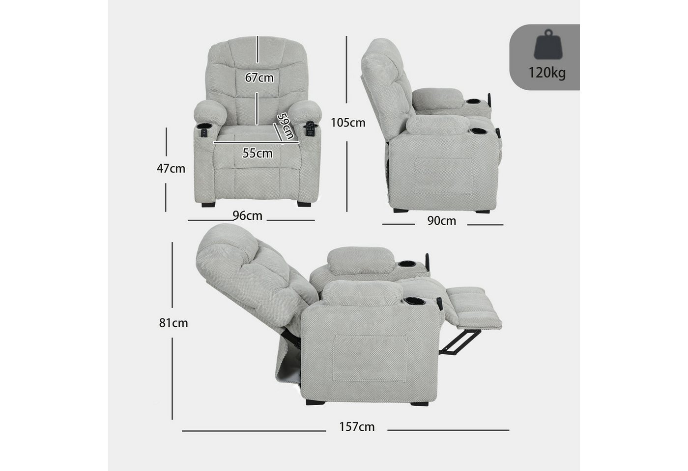 HOMCOM Massagesessel Relaxsessel Fernsehsessel mit Massage & Wärme (TV Sessel, 1-St., 1), mit Fernbedienung, USB-Anschluss, Becherhalter – Bild 3 von 5
