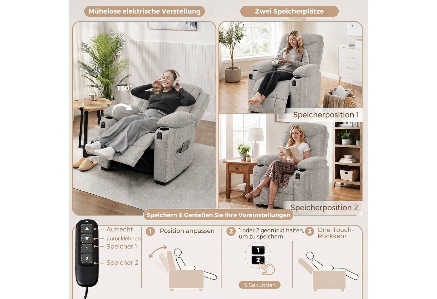 HOMCOM Massagesessel Relaxsessel Fernsehsessel mit Massage & Wärme (TV Sessel, 1-St., 1), mit Fernbedienung, USB-Anschluss, Becherhalter – Bild 4 von 5
