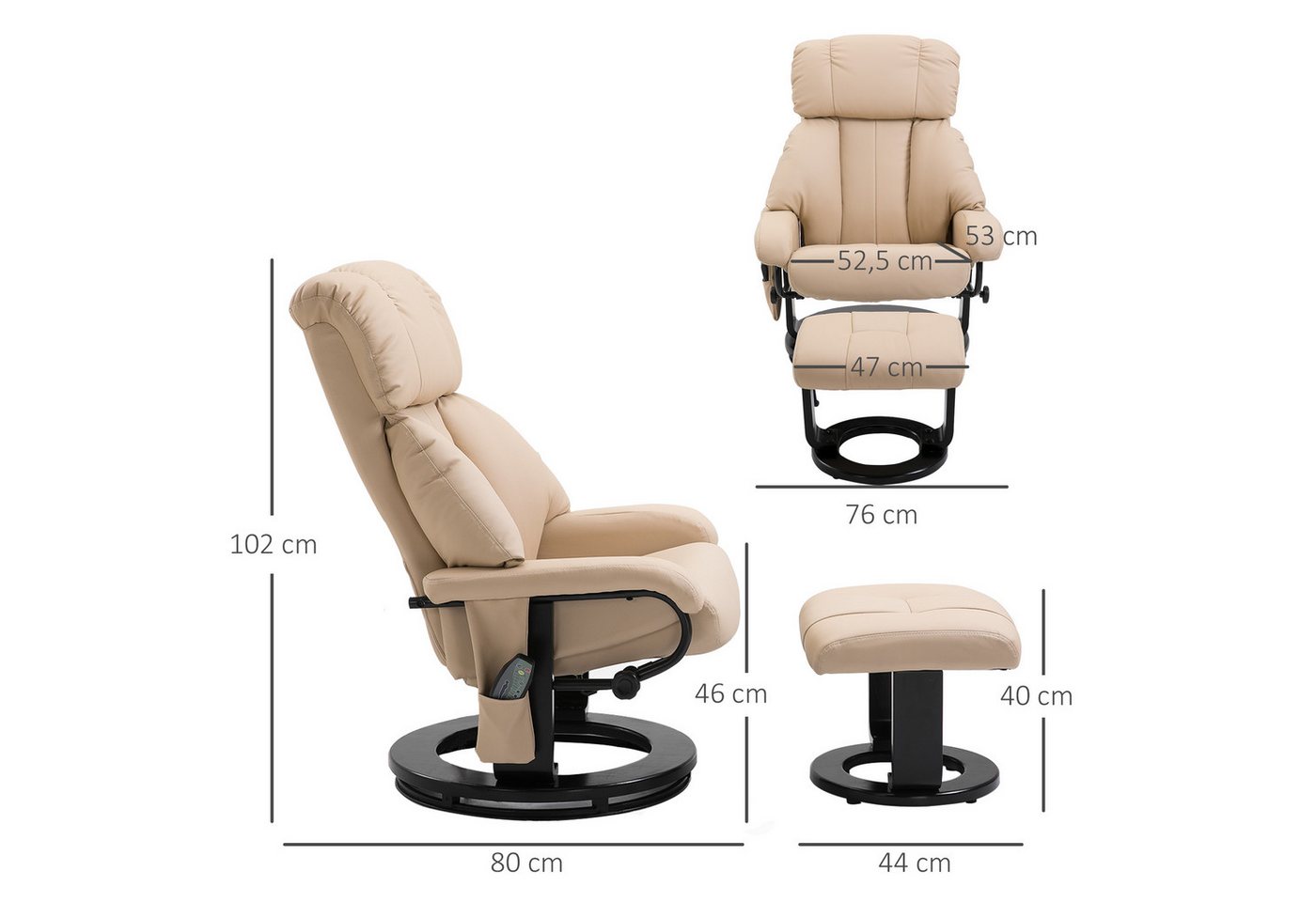 HOMCOM Massagesessel Relaxsessel mit Hocker, Liegefunktion, Ruhesessel für Wohnzimmer (Liegesessel, 2-St., Relaxliege), für Wohnbereich, Cremeweiß – Bild 3 von 5