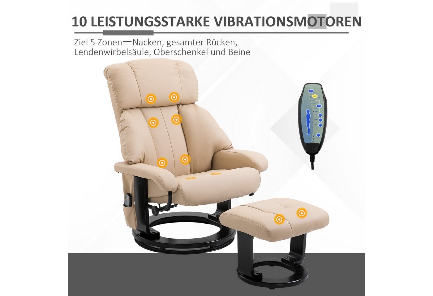 HOMCOM Massagesessel Relaxsessel mit Hocker, Liegefunktion, Ruhesessel für Wohnzimmer (Liegesessel, 2-St., Relaxliege), für Wohnbereich, Cremeweiß – Bild 4 von 5