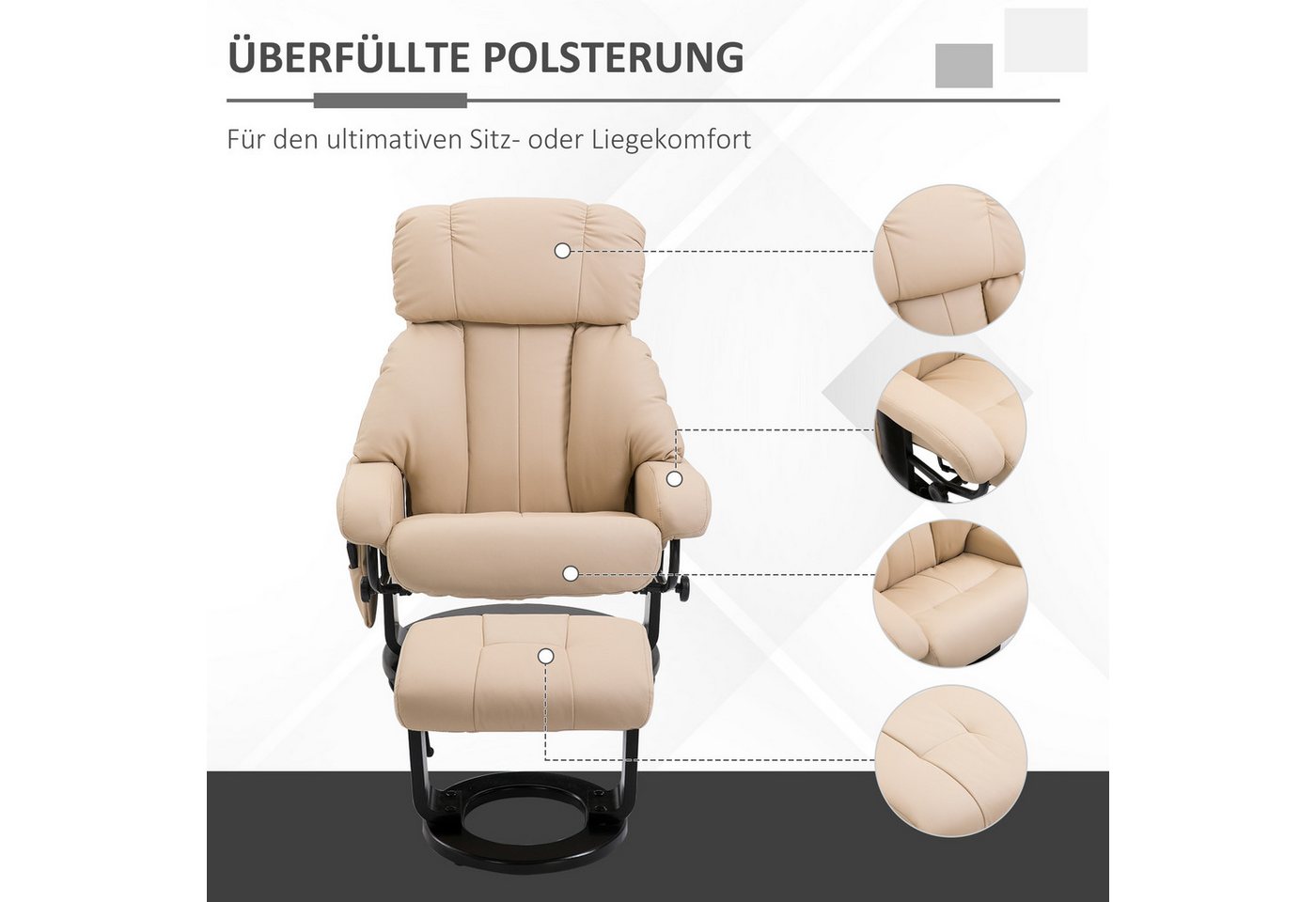 HOMCOM Massagesessel Relaxsessel mit Hocker, Liegefunktion, Ruhesessel für Wohnzimmer (Liegesessel, 2-St., Relaxliege), für Wohnbereich, Cremeweiß – Bild 5 von 5