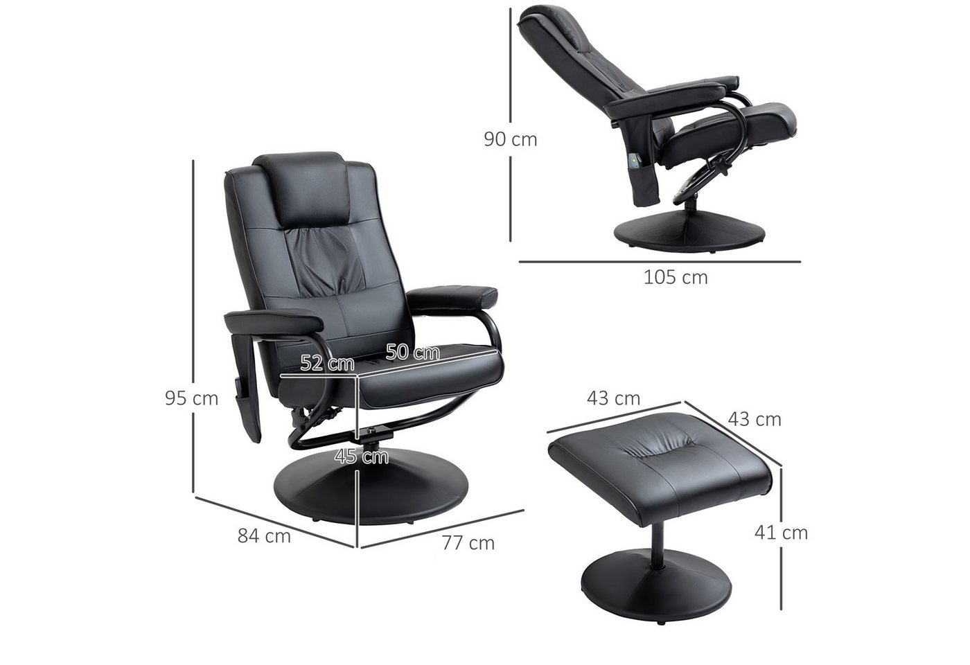HOMCOM Massagesessel Relaxsessel mit Hocker, Liegefunktion, Ruhesessel für Wohnzimmer (Set, 2-St., Relaxliege), Kann sitzen, liegen und um 360° drehen – Bild 3 von 5
