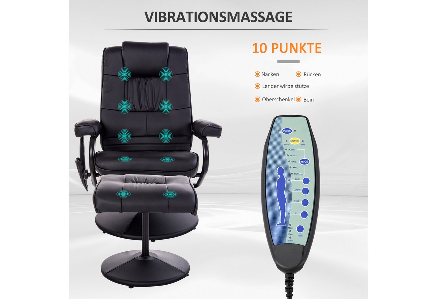HOMCOM Massagesessel Relaxsessel mit Hocker, Liegefunktion, Ruhesessel für Wohnzimmer (Set, 2-St., Relaxliege), Kann sitzen, liegen und um 360° drehen – Bild 4 von 5