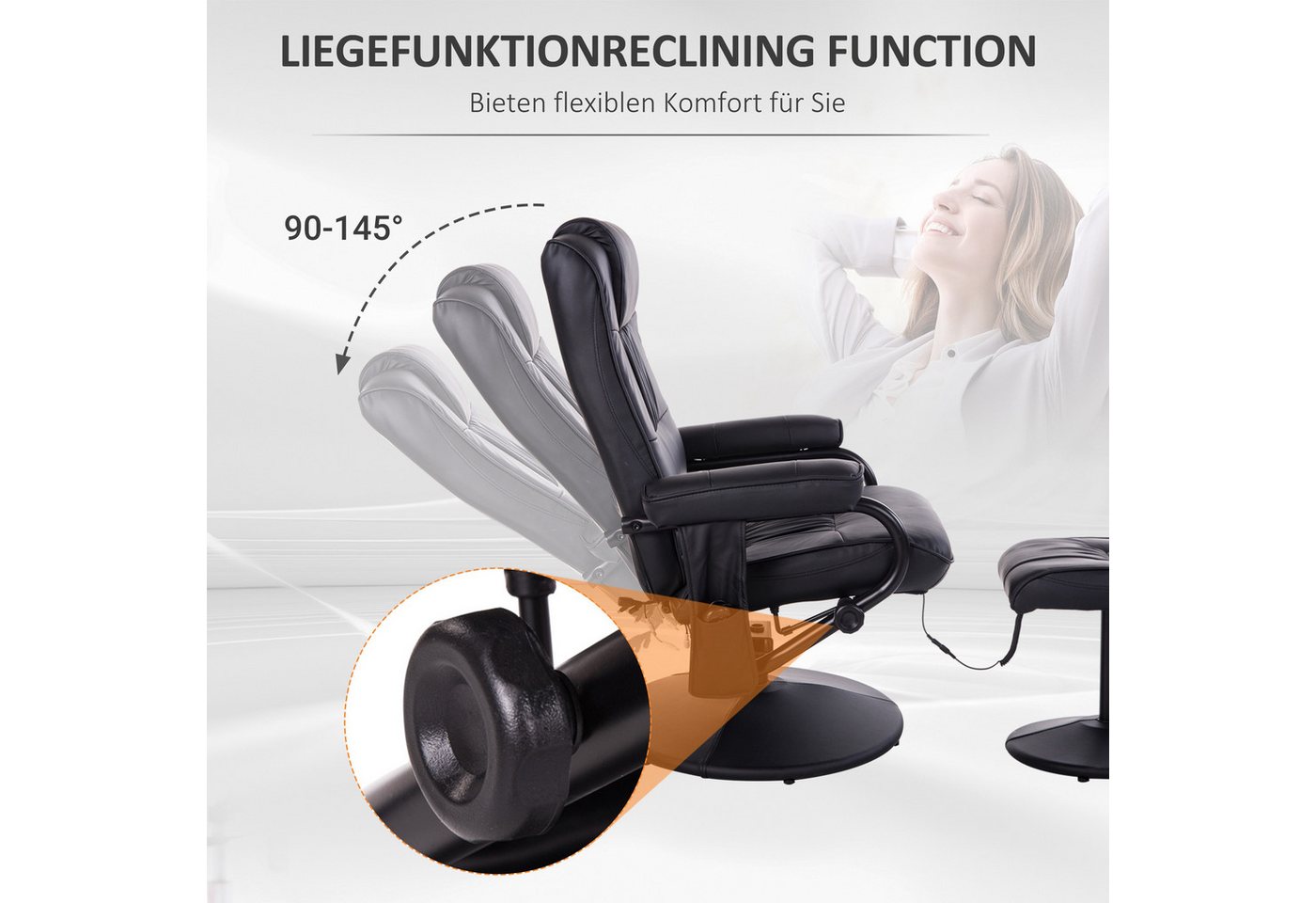 HOMCOM Massagesessel Relaxsessel mit Hocker, Liegefunktion, Ruhesessel für Wohnzimmer (Set, 2-St., Relaxliege), Kann sitzen, liegen und um 360° drehen – Bild 5 von 5