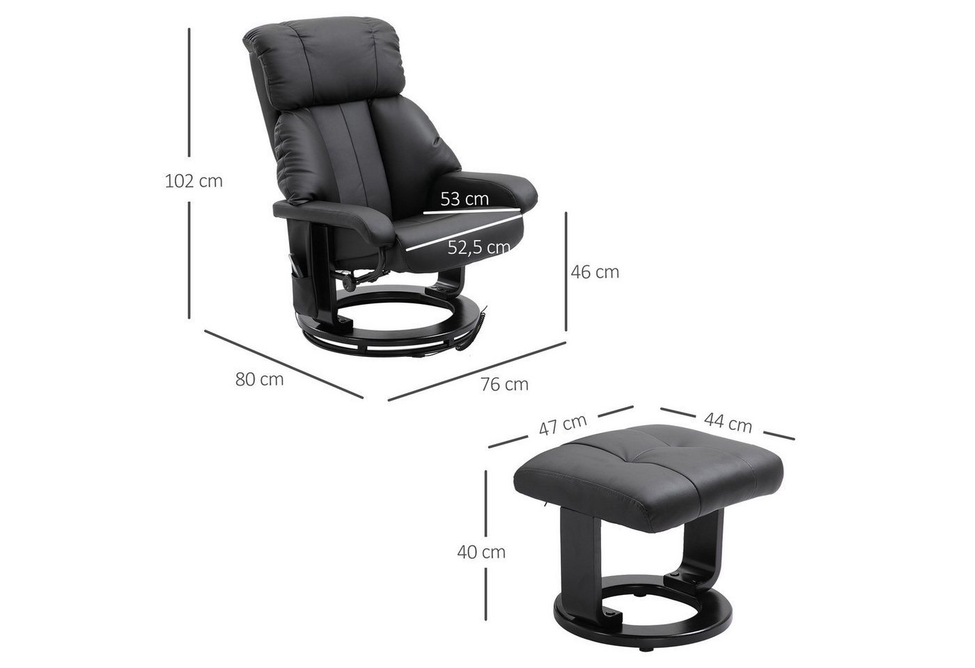 HOMCOM Massagesessel Relaxsessel mit Hocker, Liegefunktion, Ruhesessel für Wohnzimmer (Relaxliege, 2-St., Relaxsessel), für Wohnbereich, Schwarz – Bild 3 von 5