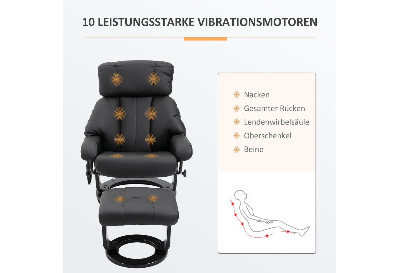 HOMCOM Massagesessel Relaxsessel mit Hocker, Liegefunktion, Ruhesessel für Wohnzimmer (Relaxliege, 2-St., Relaxsessel), für Wohnbereich, Schwarz – Bild 4 von 5