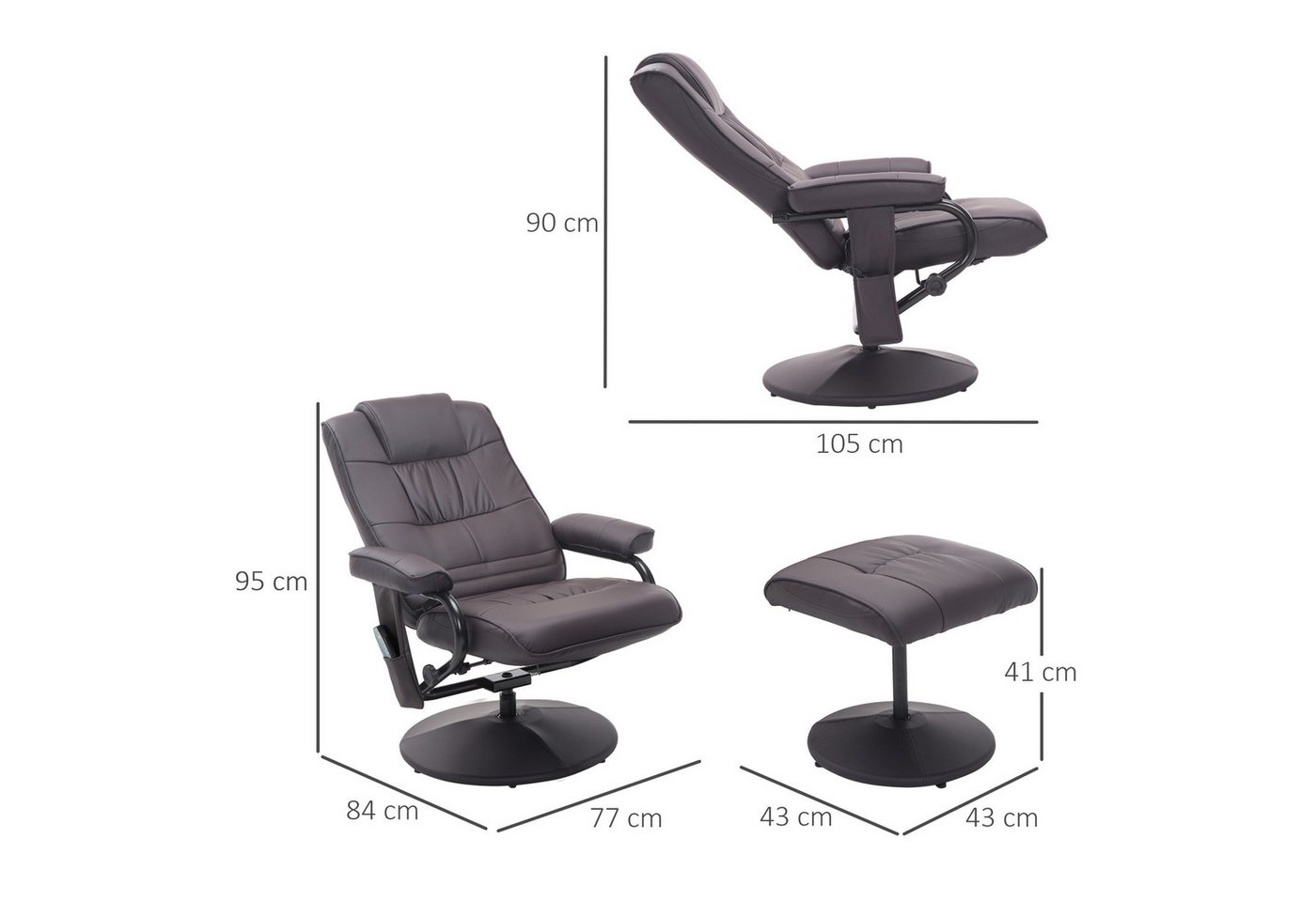 HOMCOM Massagesessel Relaxsessel mit Hocker, Liegefunktion, Ruhesessel für Wohnzimmer (Massagestuhl, 2-St., Relaxliege), für Wohnbereich, Braun – Bild 3 von 5