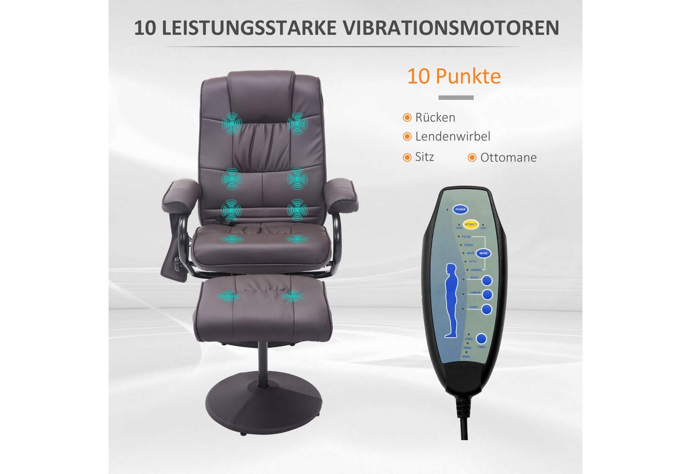 HOMCOM Massagesessel Relaxsessel mit Hocker, Liegefunktion, Ruhesessel für Wohnzimmer (Massagestuhl, 2-St., Relaxliege), für Wohnbereich, Braun – Bild 4 von 5