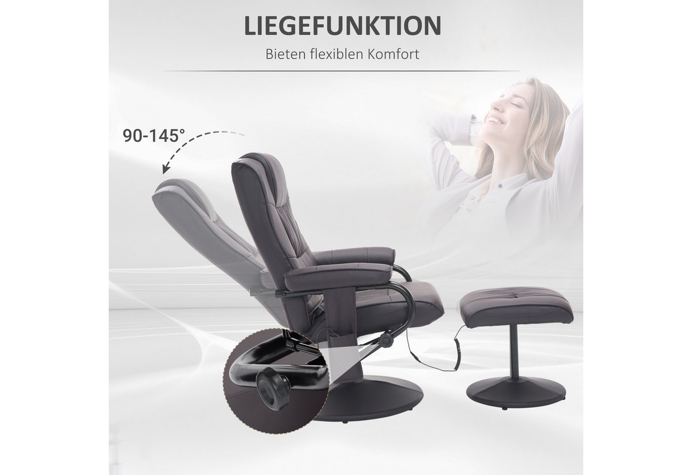 HOMCOM Massagesessel Relaxsessel mit Hocker, Liegefunktion, Ruhesessel für Wohnzimmer (Massagestuhl, 2-St., Relaxliege), für Wohnbereich, Braun – Bild 5 von 5