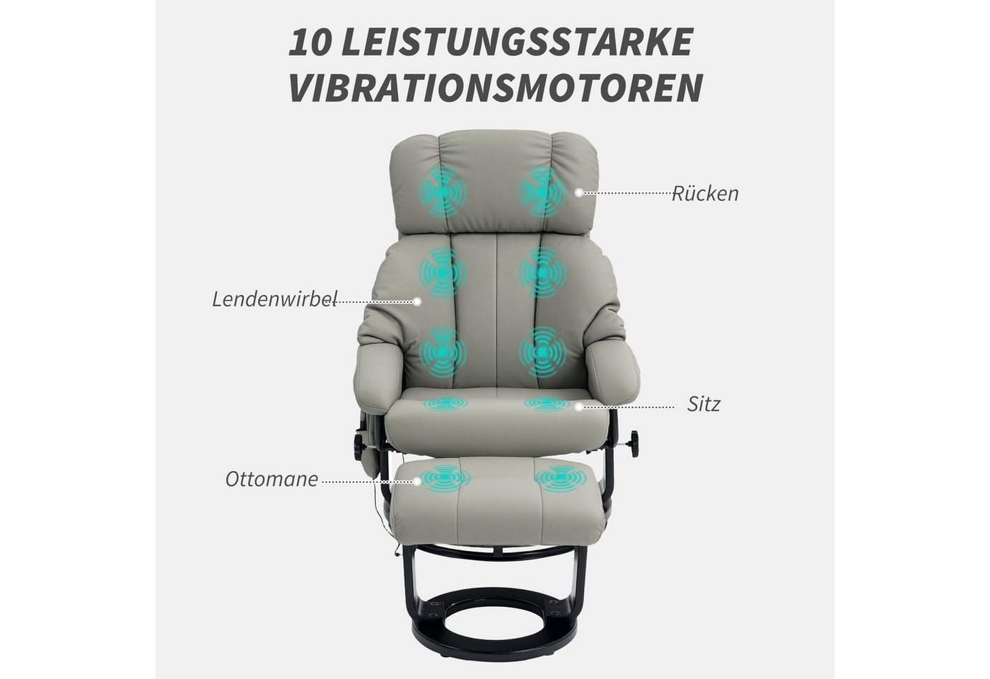 HOMCOM Massagesessel Relaxsessel mit Hocker, Liegefunktion, Ruhesessel für Wohnzimmer (Fernsehsessel, 2-St., Elektrischer Liegesessel mit Fernbedienung), mit Se – Bild 4 von 5