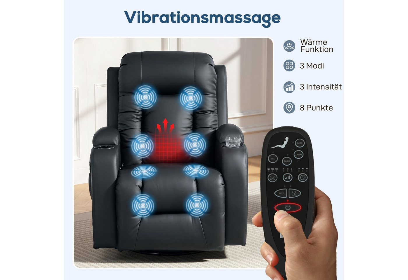 HOMCOM Massagesessel Relaxsessel mit Liegefunktion, Fernsehsessel mit Wippfunktion (Relaxsessel, 1-St., Fernsehsessel), Massage- und Wärmefunktion, Schwarz – Bild 4 von 5
