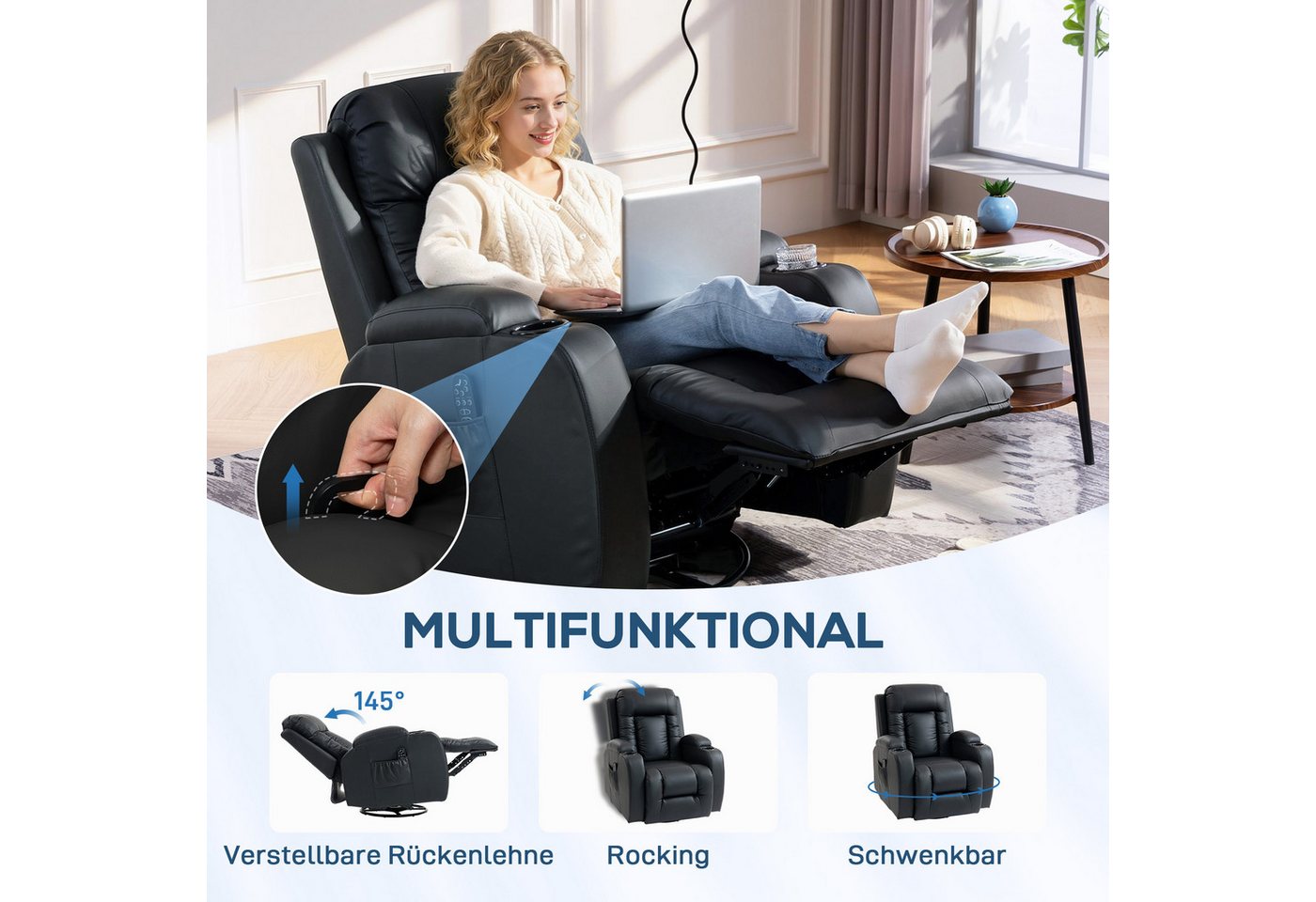 HOMCOM Massagesessel Relaxsessel mit Liegefunktion, Fernsehsessel mit Wippfunktion (Relaxsessel, 1-St., Fernsehsessel), Massage- und Wärmefunktion, Schwarz – Bild 5 von 5