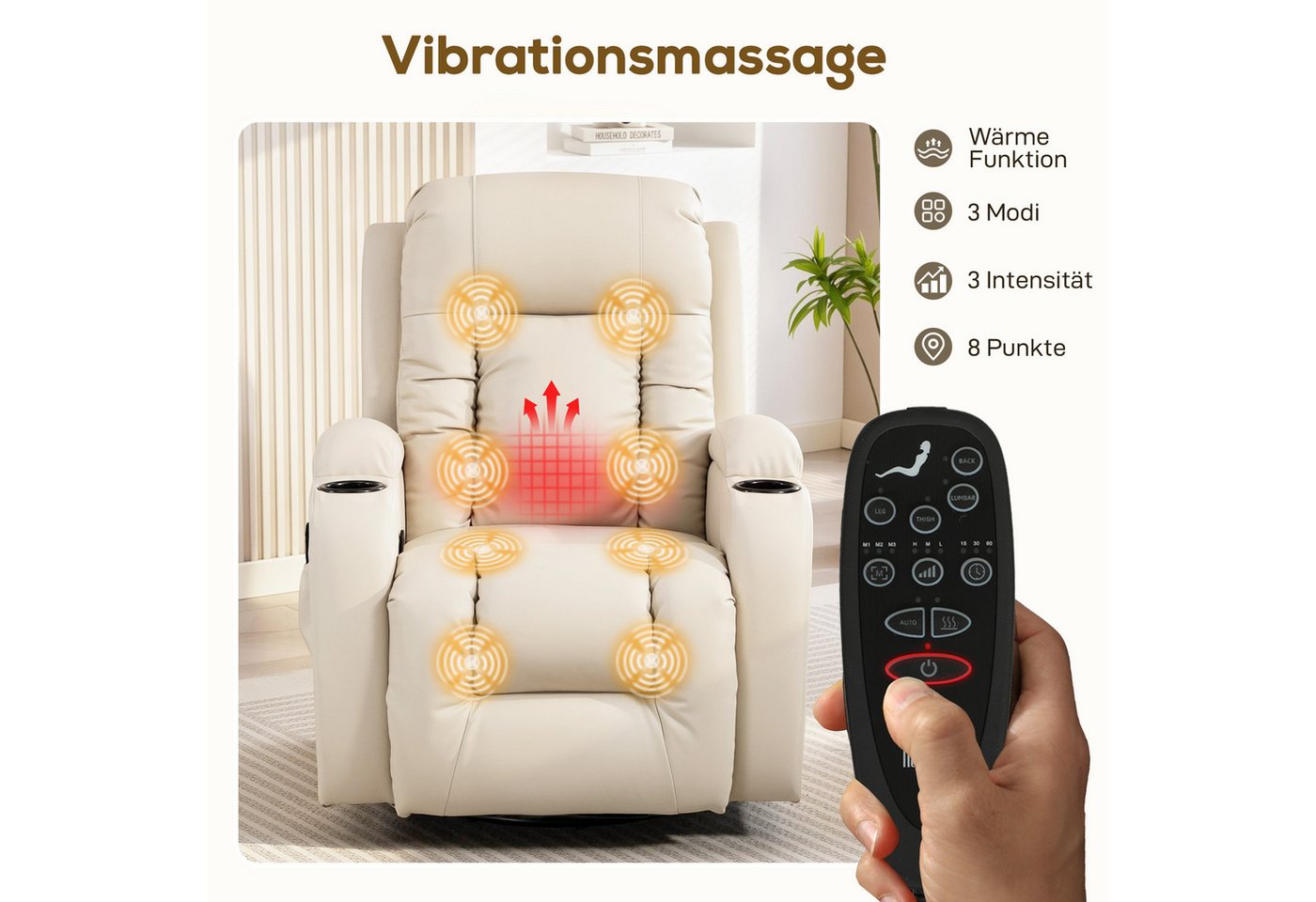 HOMCOM Massagesessel Relaxsessel mit Liegefunktion, Fernsehsessel mit Wippfunktion (Relaxsessel, 1-St., Fernsehsessel), Massage- und Wärmefunktion, Cremeweiß – Bild 4 von 5