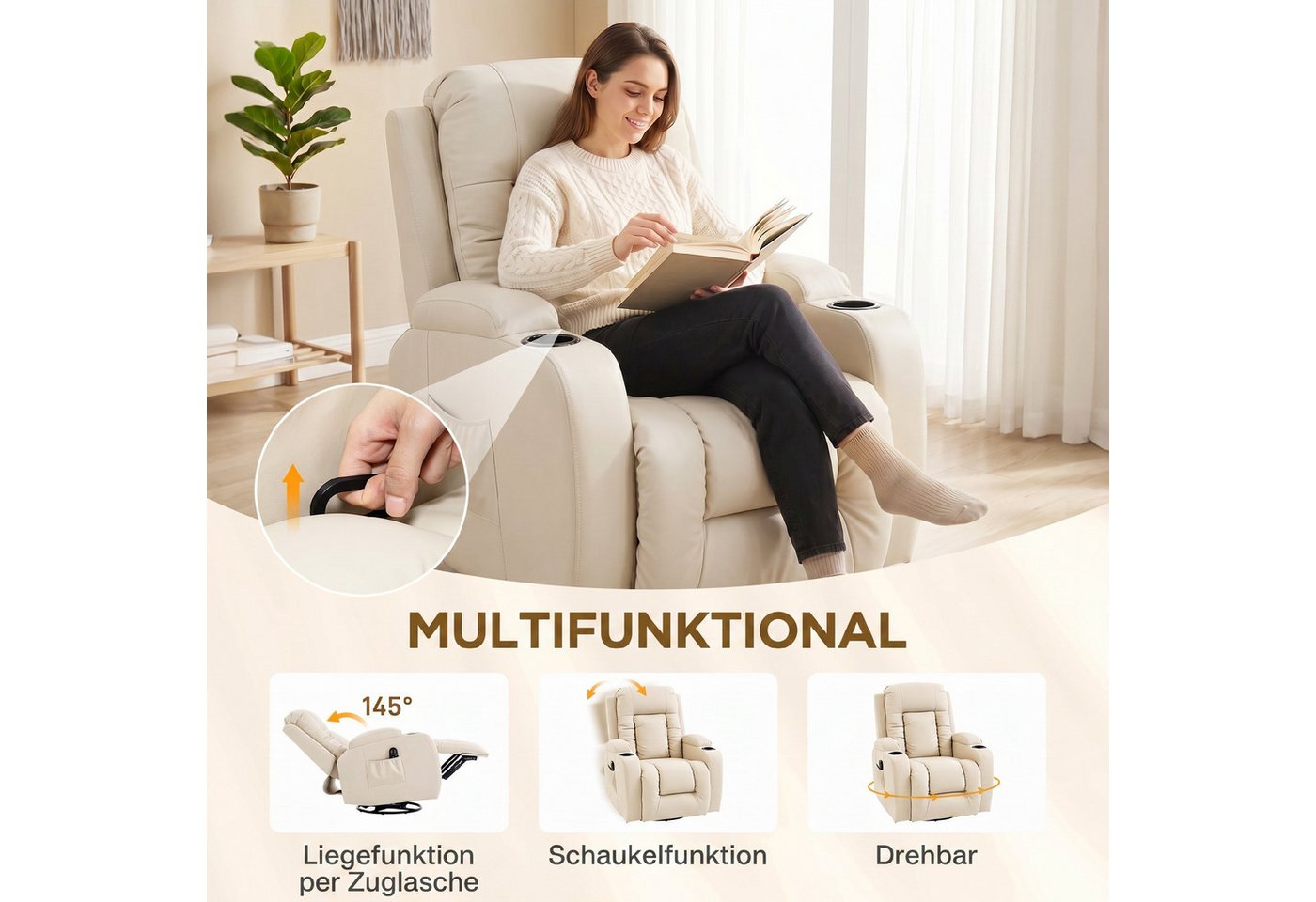 HOMCOM Massagesessel Relaxsessel mit Liegefunktion, Fernsehsessel mit Wippfunktion (Relaxsessel, 1-St., Fernsehsessel), Massage- und Wärmefunktion, Cremeweiß – Bild 5 von 5