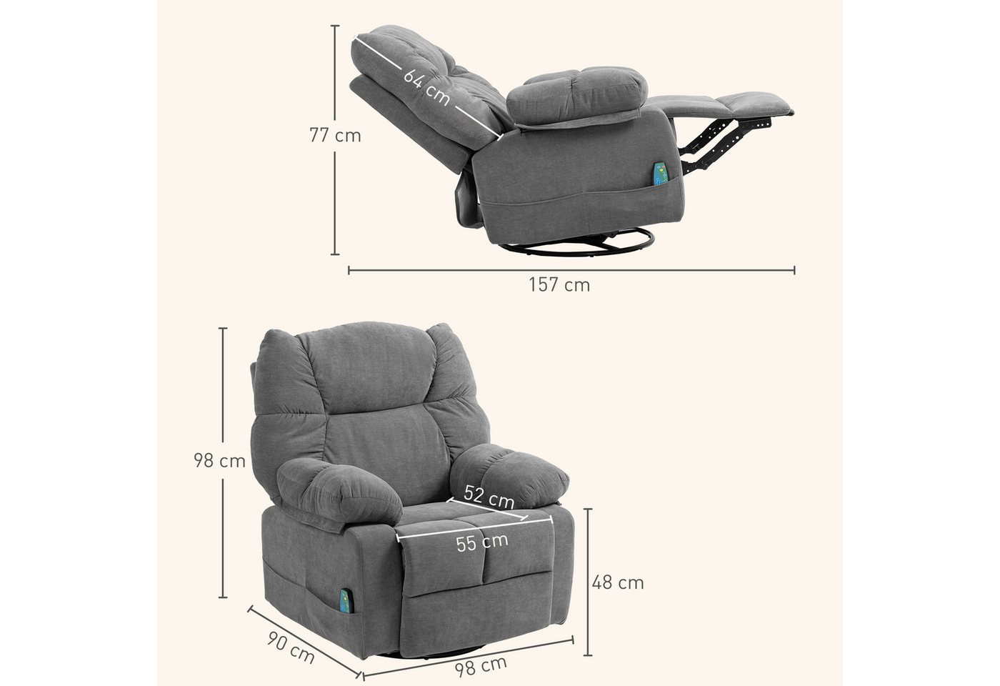 HOMCOM Massagesessel Relaxsessel mit Vibration, Heizung, Fußteil, Liegesessel (Fernsehsessel mit Wärmefunktion, Liegefunktion, 1-St., TV Sessel mit Seitentasche – Bild 3 von 5