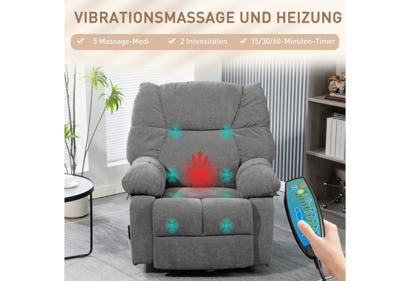 HOMCOM Massagesessel Relaxsessel mit Vibration, Heizung, Fußteil, Liegesessel (Fernsehsessel mit Wärmefunktion, Liegefunktion, 1-St., TV Sessel mit Seitentasche – Bild 4 von 5