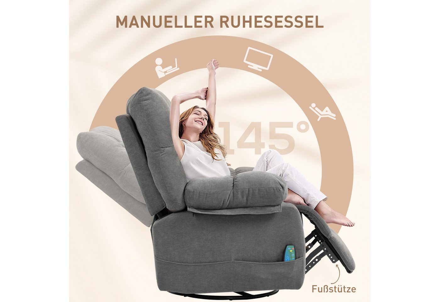 HOMCOM Massagesessel Relaxsessel mit Vibration, Heizung, Fußteil, Liegesessel (Fernsehsessel mit Wärmefunktion, Liegefunktion, 1-St., TV Sessel mit Seitentasche – Bild 5 von 5