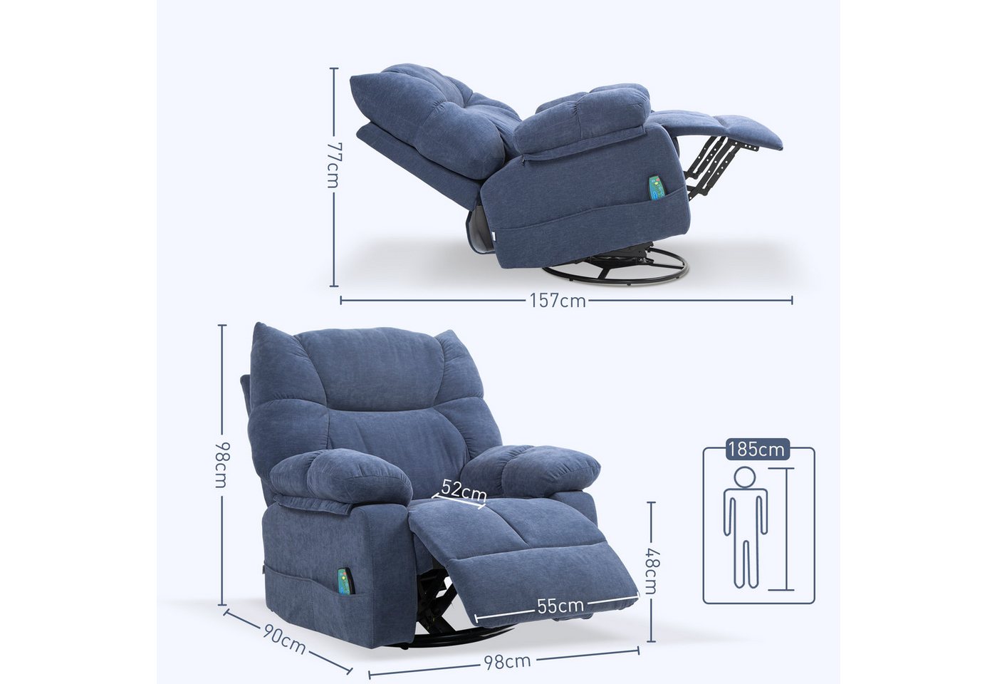 HOMCOM Massagesessel Relaxsessel mit Vibration, Heizung, Fußteil, Liegesessel (Fernsehsessel mit Wärmefunktion, Liegefunktion, 1-St., TV Sessel mit Seitentasche – Bild 3 von 5