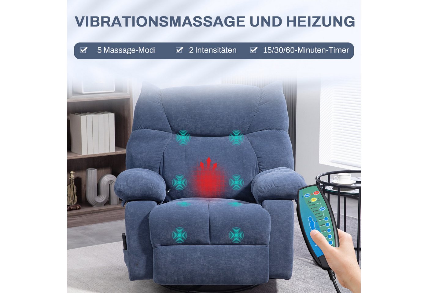 HOMCOM Massagesessel Relaxsessel mit Vibration, Heizung, Fußteil, Liegesessel (Fernsehsessel mit Wärmefunktion, Liegefunktion, 1-St., TV Sessel mit Seitentasche – Bild 4 von 5