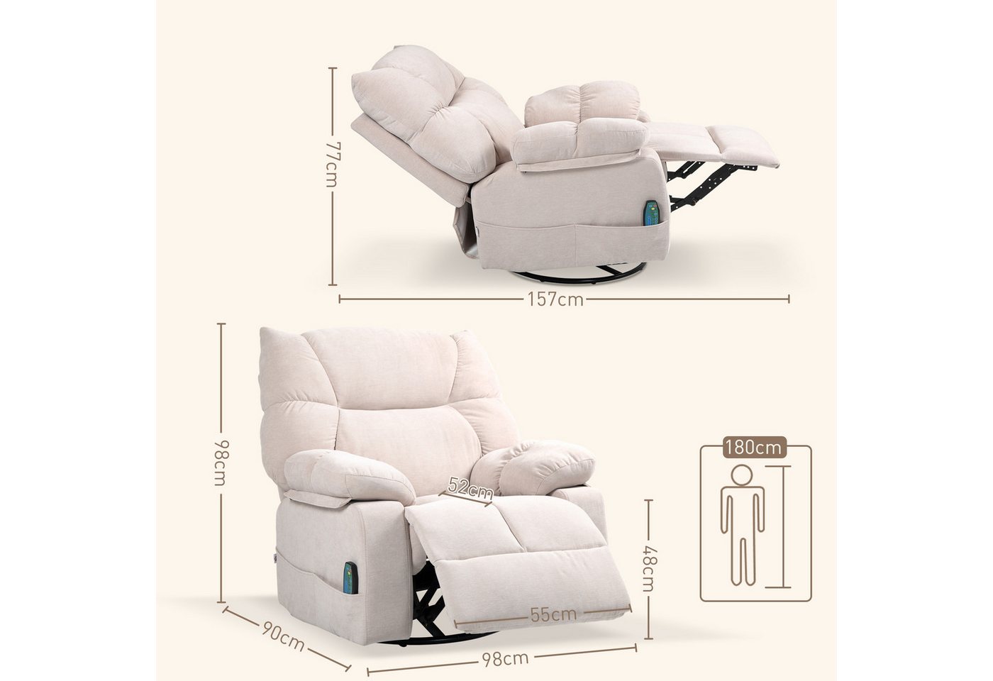 HOMCOM Massagesessel Relaxsessel mit Vibration, Heizung, Fußteil, Liegesessel (Fernsehsessel mit Wärmefunktion, Liegefunktion, 1-St., TV Sessel mit Seitentasche – Bild 3 von 5