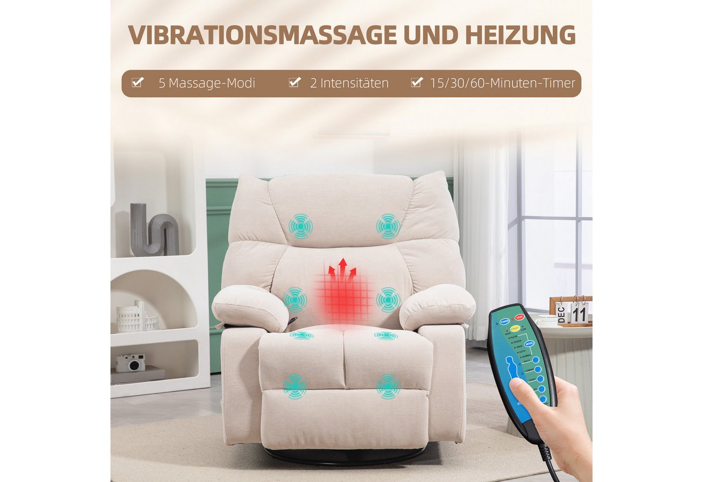 HOMCOM Massagesessel Relaxsessel mit Vibration, Heizung, Fußteil, Liegesessel (Fernsehsessel mit Wärmefunktion, Liegefunktion, 1-St., TV Sessel mit Seitentasche – Bild 4 von 5