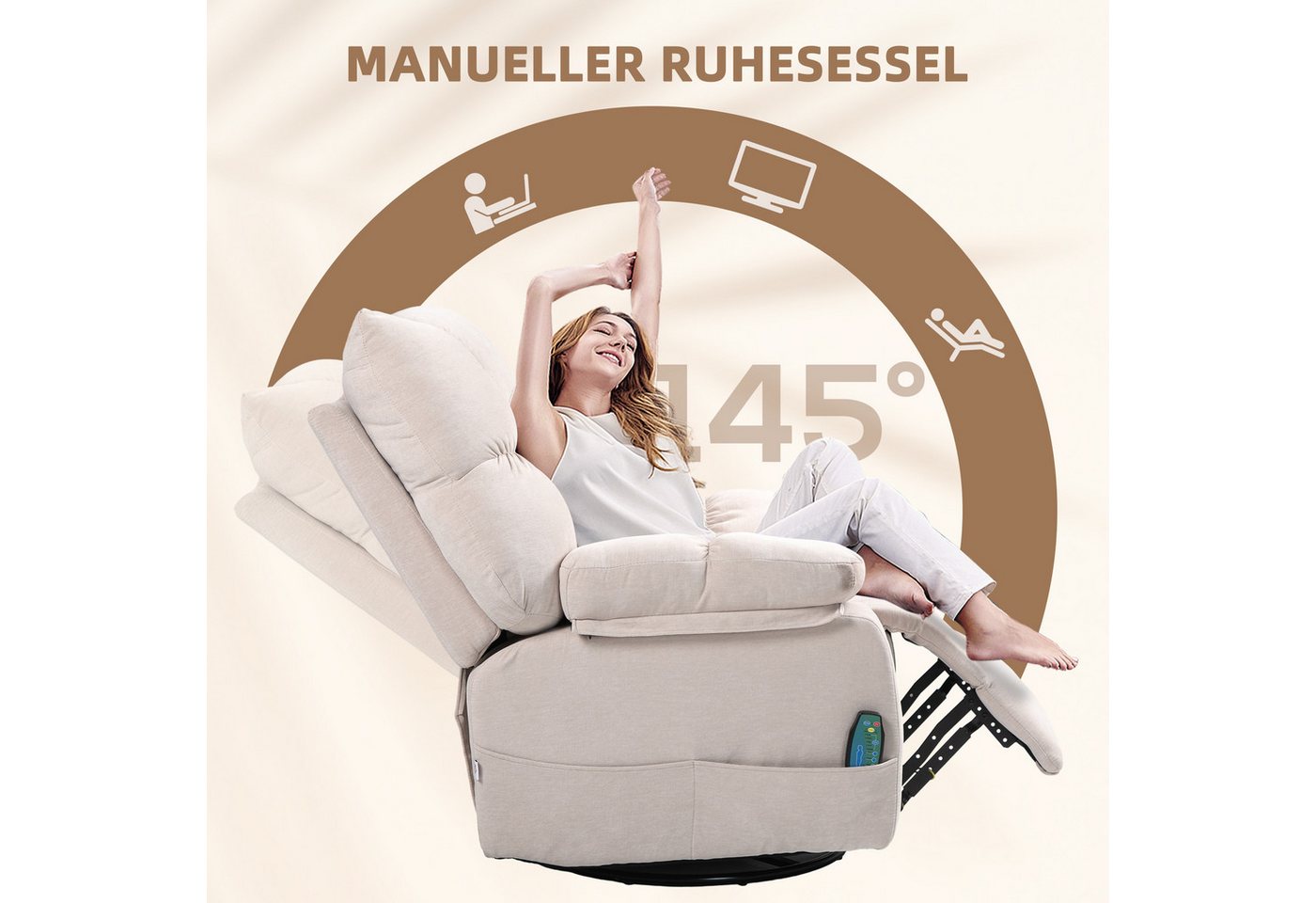 HOMCOM Massagesessel Relaxsessel mit Vibration, Heizung, Fußteil, Liegesessel (Fernsehsessel mit Wärmefunktion, Liegefunktion, 1-St., TV Sessel mit Seitentasche – Bild 5 von 5