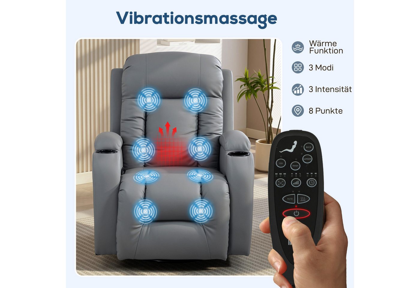 HOMCOM Massagesessel TV Sessel mit Liegefunktion, Massagestuhl mit Wärmefunktion (Relaxsessel, 1-St., Fernsehsessel), Massage- und Wärmefunktion, Hellgrau – Bild 4 von 5