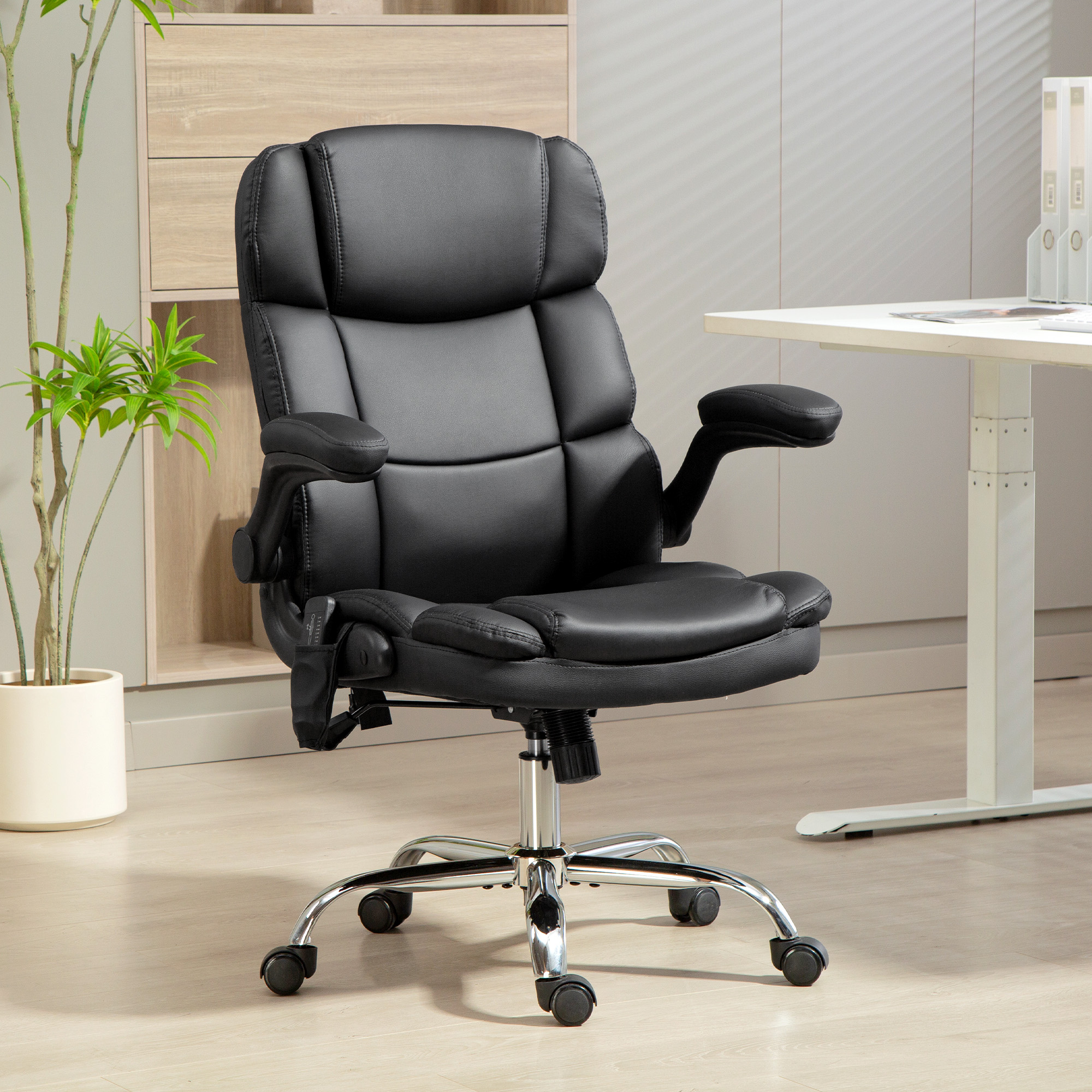 HOMCOM Massagestuhl fürs Büro, 4-Punkt-Vibration mit Schaukel- und Heizfunktion, Bürostuhl aus PU-Leder mit klappbaren Armlehnen, höhenverstellbar, Schwarz Aoso – Bild 2 von 2
