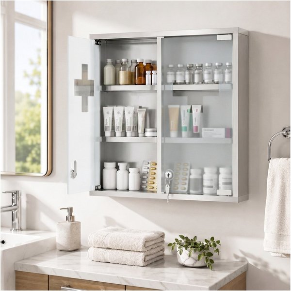 HOMCOM Medizinschrank mit 2 Schlüsseln (Set, 1-St., 1er Set) abschließbar, 6 Fächer, Milchglas