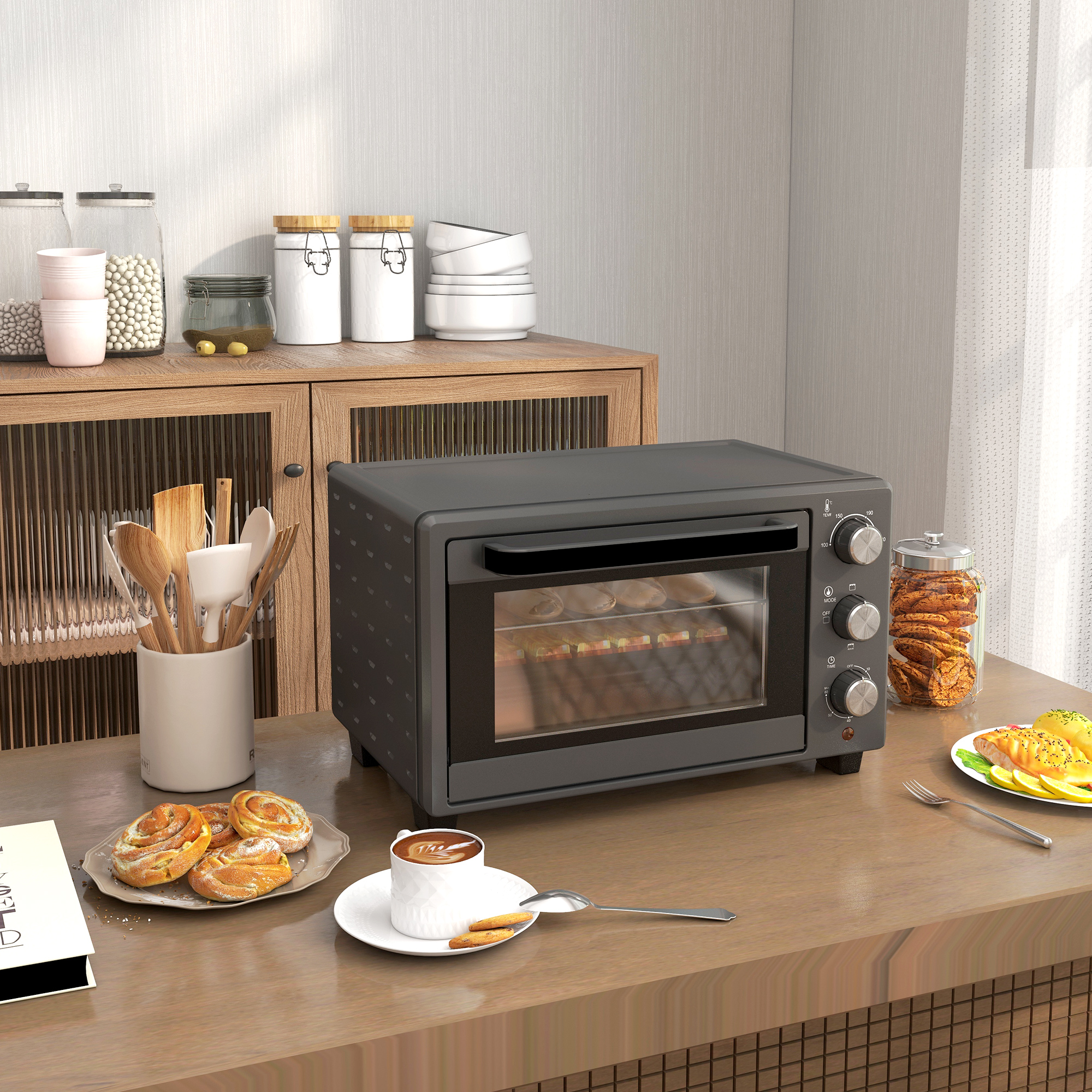 HOMCOM Minibackofen 21L 1400W 60 Min. Timer, Kleinbackofen mit 100 °C-230 °C einstellbar Temperatur Garzeit, Mini Ofen mit Backblech, Drahtgestell, Tischofen au – Bild 2 von 2
