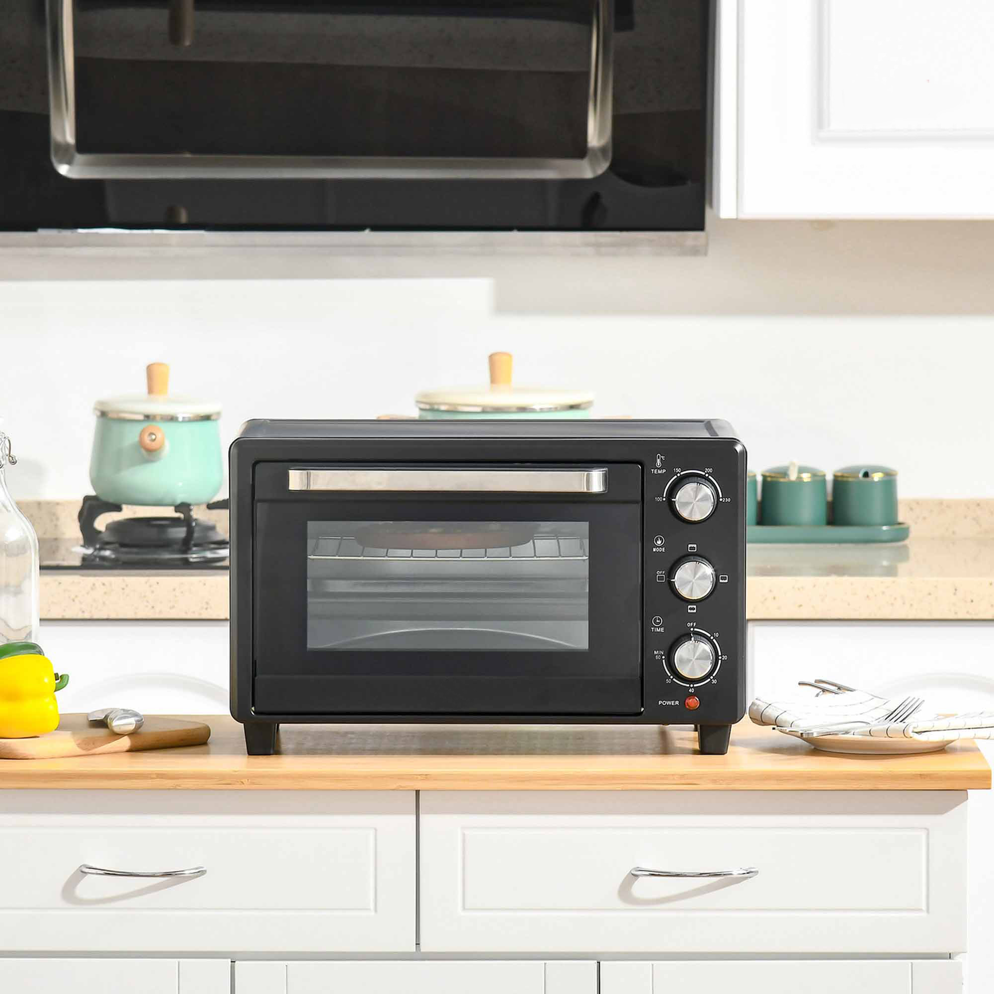 HOMCOM Minibackofen 21L, 3 Kochmodi, 100°C-230°C, 1400W, Edelstahl & Glas, Schwarz+Silber, 46,4x38x28,5cm Aosom – Bild 2 von 2