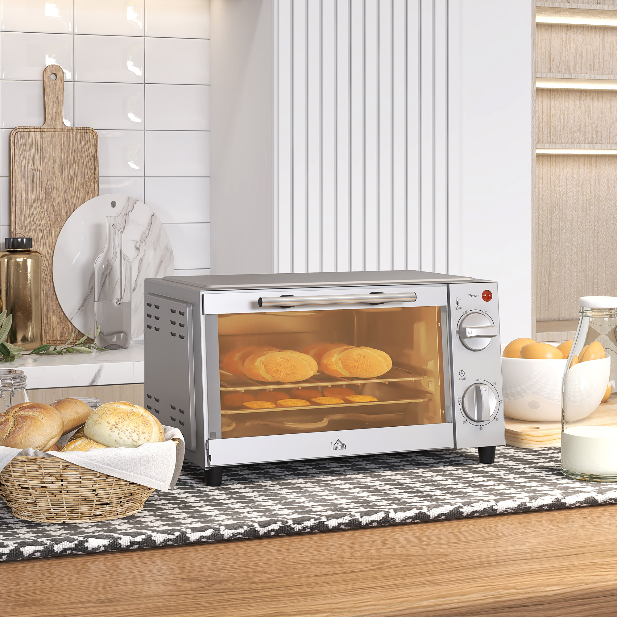 HOMCOM Minibackofen 9L Mini Ofen mit Backblech, Grillrost, 100 °C-230 °C, mit einstellbar Temperatur und Garzeit, 60 Min. Timer, 750W, Edelstahl, Silber Aosom – Bild 2 von 2