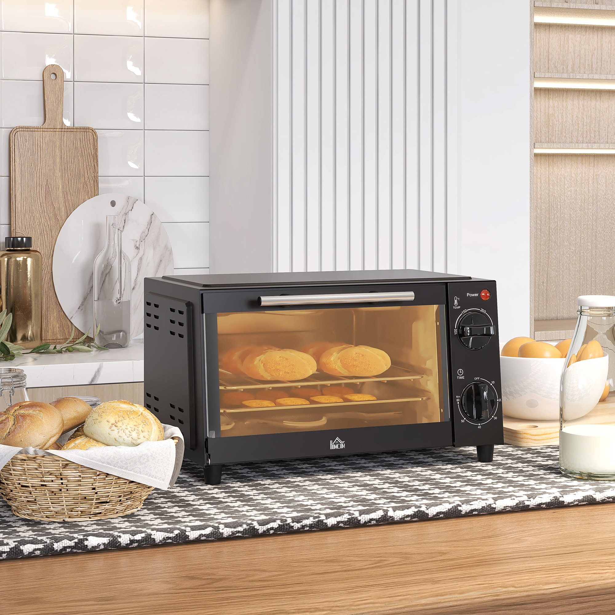 HOMCOM Minibackofen 9L Mini Ofen mit Backblech, Grillrost, 100 °C-230 °C, mit einstellbar Temperatur und Garzeit, 60 Min. Timer, 750W, Edelstahl, Schwarz Aosom – Bild 2 von 2