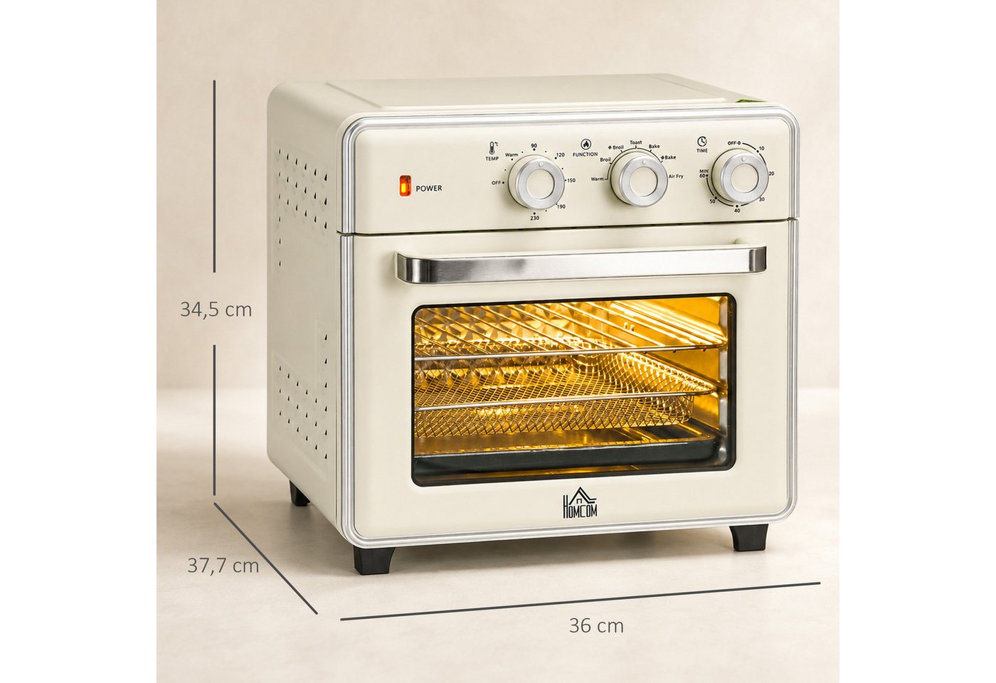 HOMCOM Minibackofen Mini Ofen, Grillrost, 90-230°C Heißluftfritteuse, mit 5 Modi, Frittierkorb, 60 Min. Timer, 1400W, Metall – Bild 3 von 5