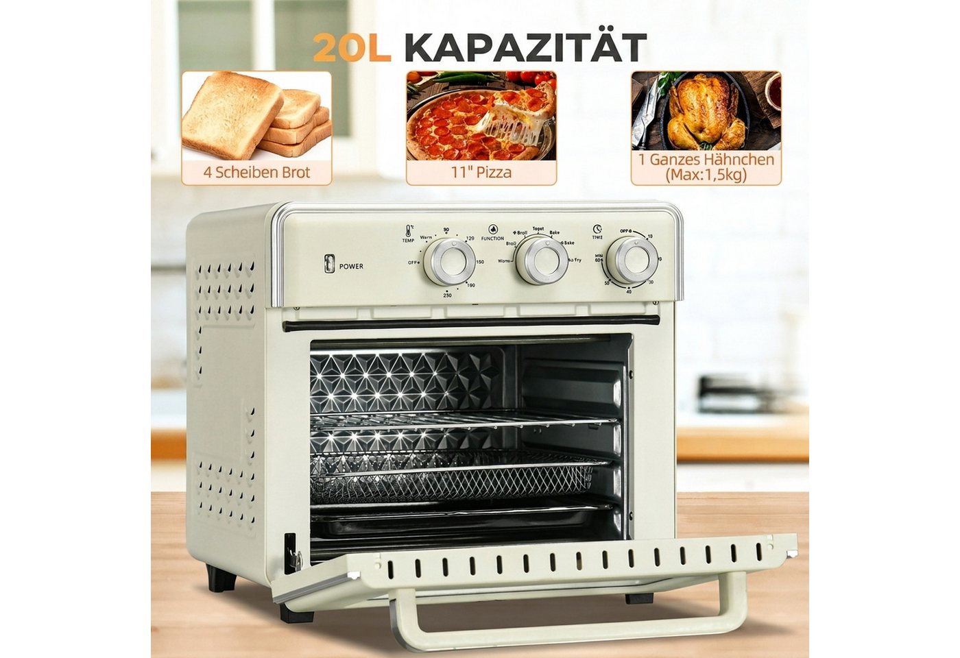 HOMCOM Minibackofen Mini Ofen, Grillrost, 90-230°C Heißluftfritteuse, mit 5 Modi, Frittierkorb, 60 Min. Timer, 1400W, Metall – Bild 4 von 5