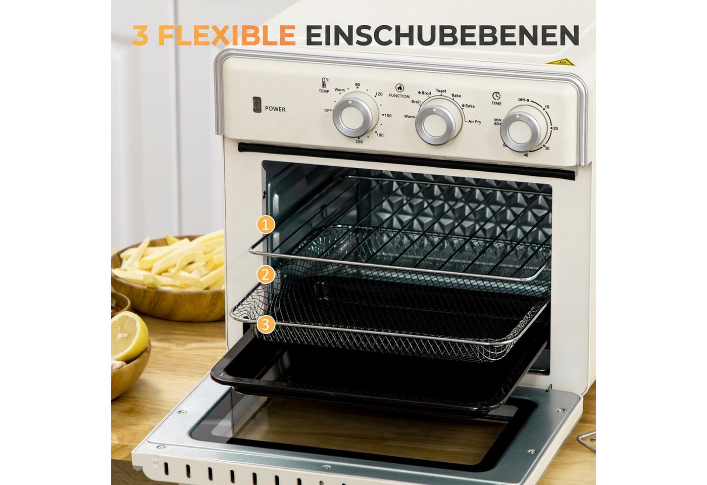 HOMCOM Minibackofen Mini Ofen, Grillrost, 90-230°C Heißluftfritteuse, mit 5 Modi, Frittierkorb, 60 Min. Timer, 1400W, Metall – Bild 5 von 5