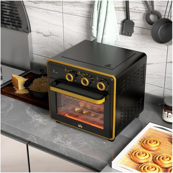HOMCOM Minibackofen Mini Ofen 20L, Heißluftfritteuse, 60 Min. Timer, 1400W, 90-230℃, Schwarz+Gold 36 x 37,7 x 34,5 cm